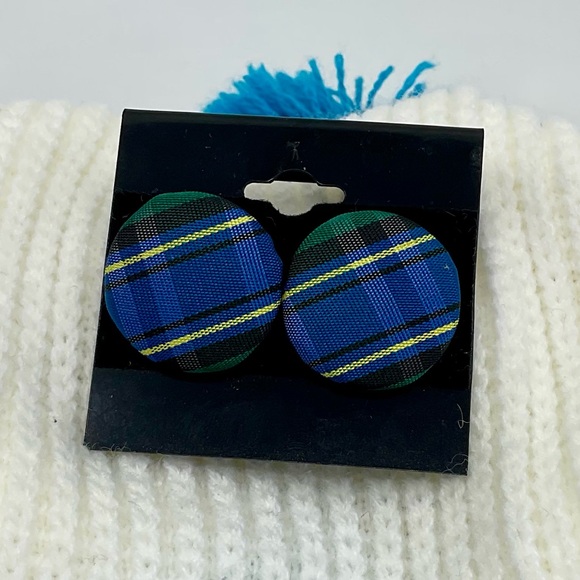 Vintage Plaid Tartan Circle Stud Earrings - Picture 2 of 4